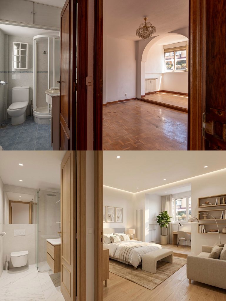 Transformación digital con IA de un baño con mampara antigua y un dormitorio vacío, recreados como un baño moderno con plato de ducha y mampara de cristal junto a un dormitorio de matrimonio totalmente amueblado y decorado.
