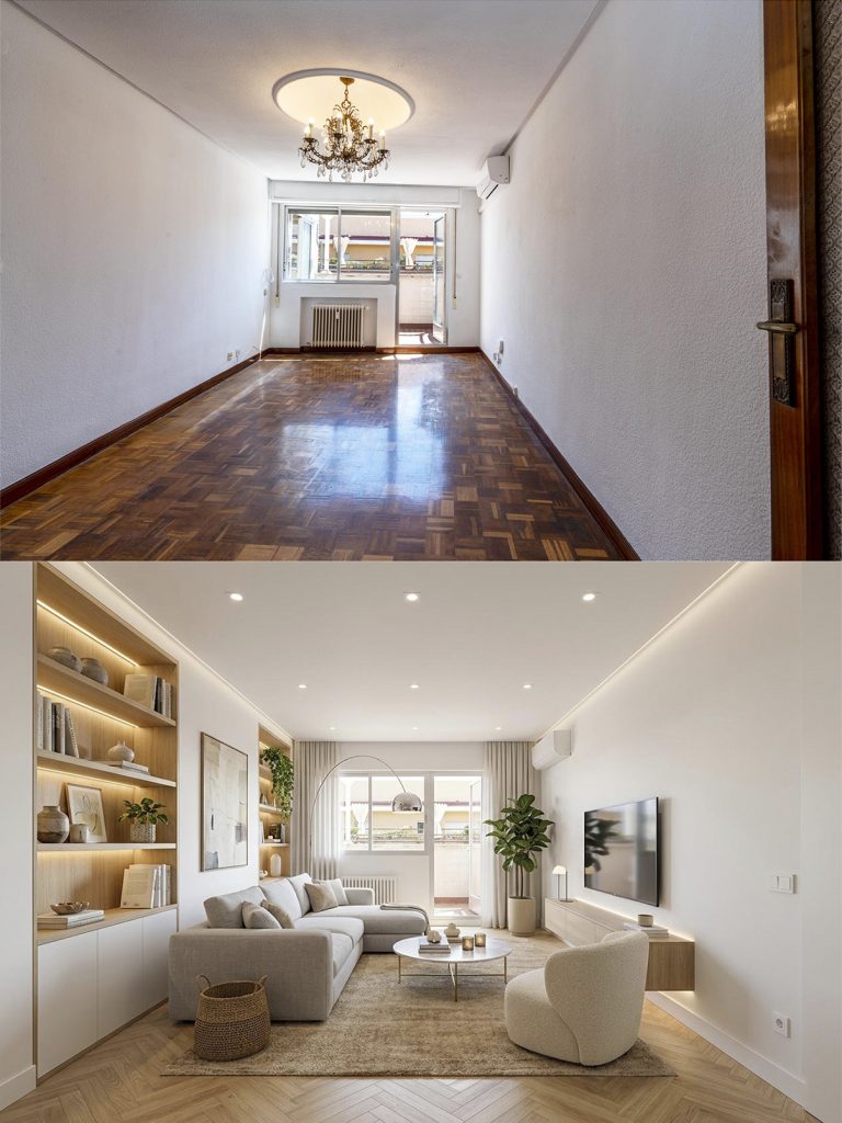 Ejemplo de home staging virtual con inteligencia artificial en salón alargado vacío con parqué antiguo, mostrando su recreación con sofá modular gris, estanterías de madera con iluminación integrada, decoración nórdica y terraza al fondo.