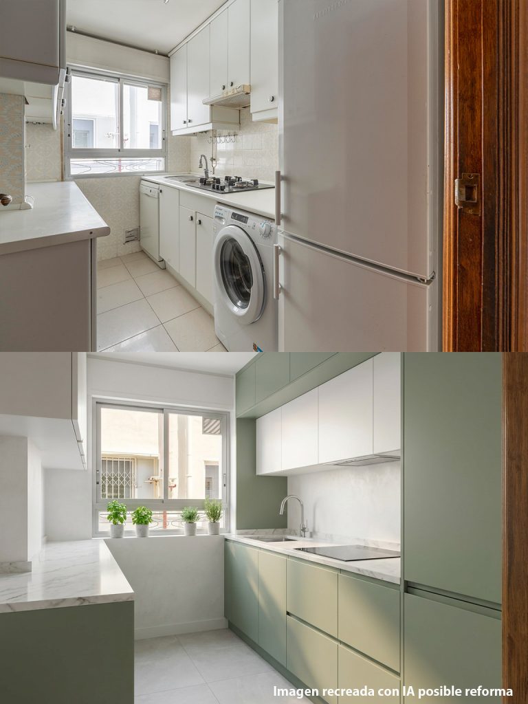 Antes y después de una reforma virtual con IA en cocina estrecha: transformación de muebles antiguos blancos y azulejos clásicos a una cocina moderna minimalista en tonos verde oliva, encimera de mármol y luces LED.