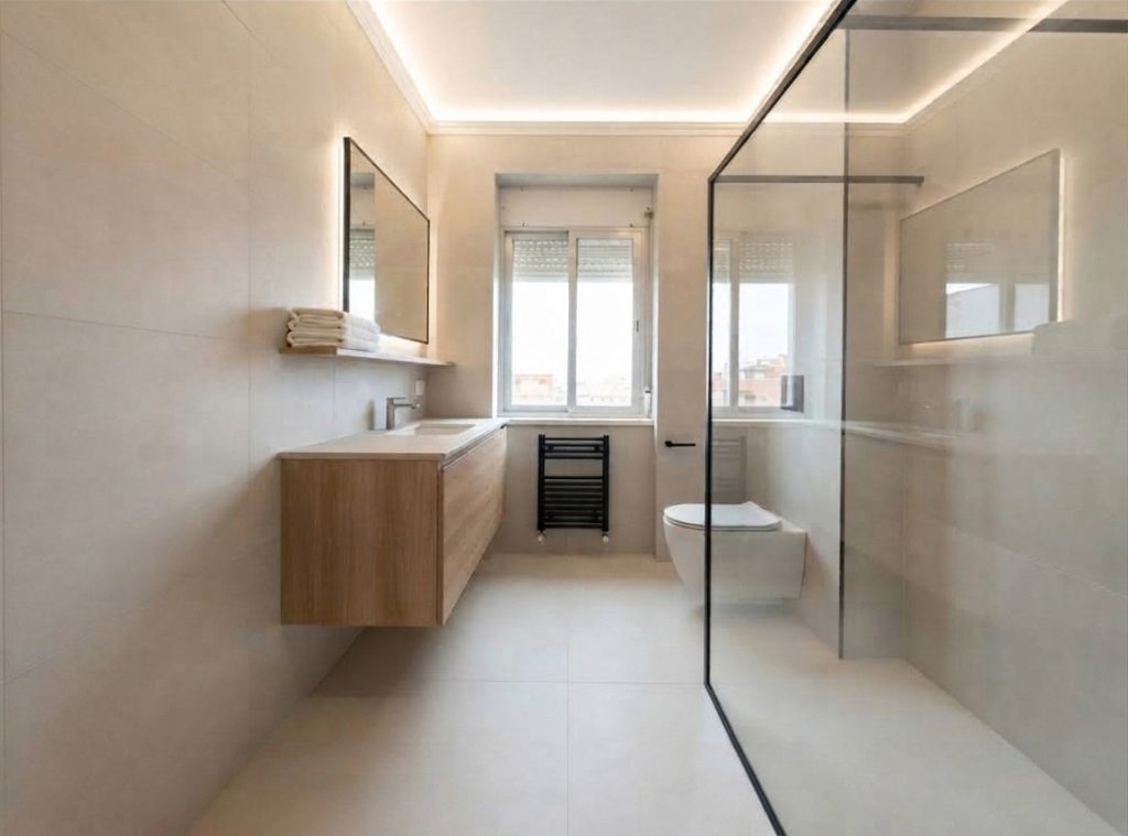Baño modernizado con retoque digital de IA en Azca, Madrid, fotografiado por Christian Cester de MC Foto Estudio.