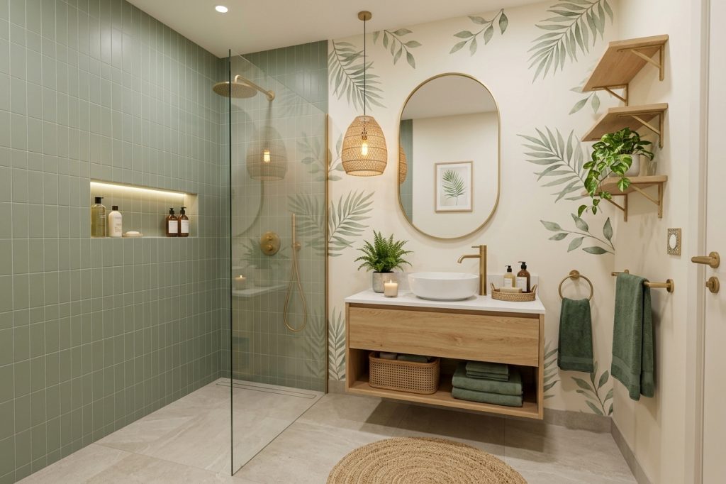 Baño reformado virtualmente con revestimientos continuos y grifería de diseño en Madrid
