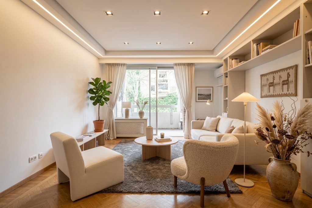 Salón renovado con home staging virtual e IA en un piso del barrio La Estrella, Madrid