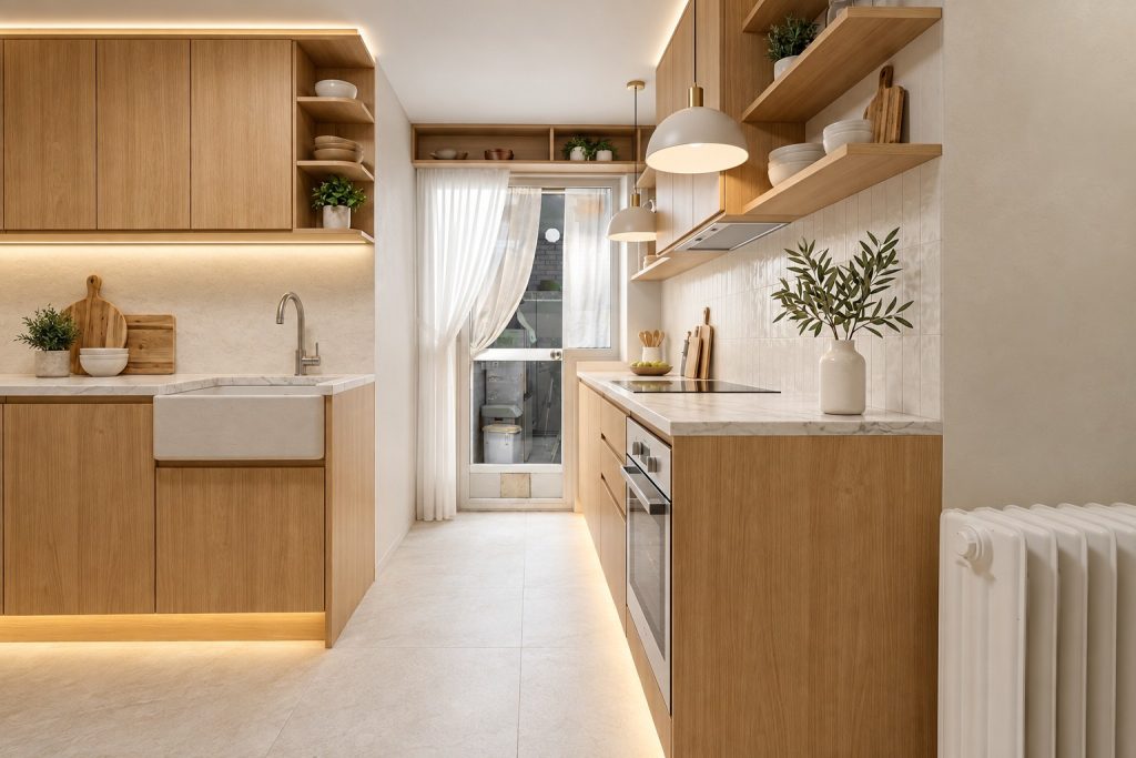 Cocina actualizada mediante reforma virtual con acabados modernos en Madrid