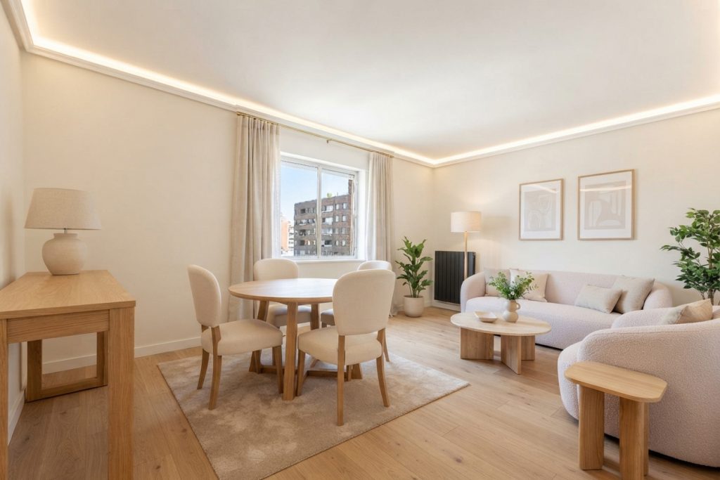 Salón comedor amueblado y actualizado con IA en piso de Azca, Madrid, capturado por Christian Cester.