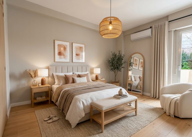 Dormitorio principal decorado con virtual staging en tonos neutros en el barrio La Estrella
