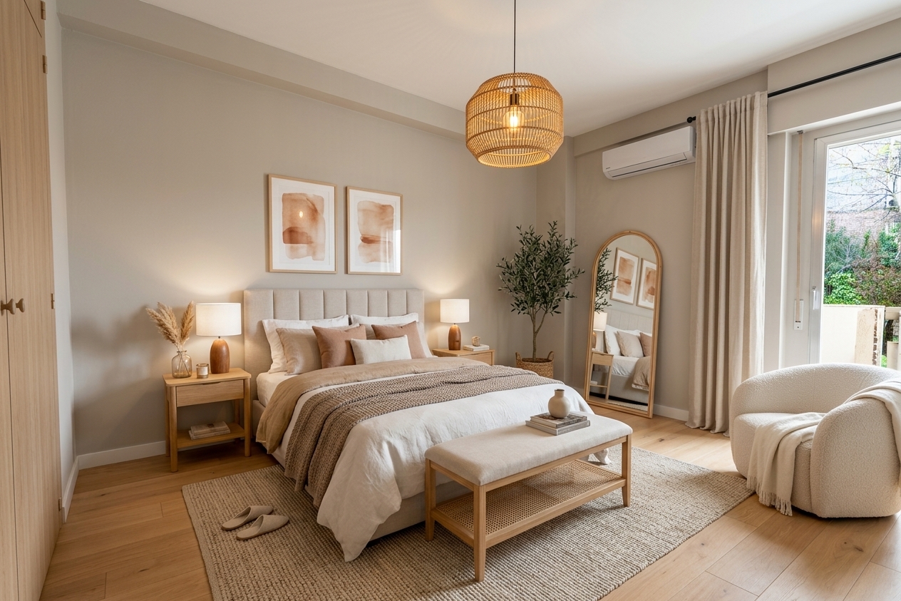 Dormitorio principal decorado con virtual staging en tonos neutros en el barrio La Estrella